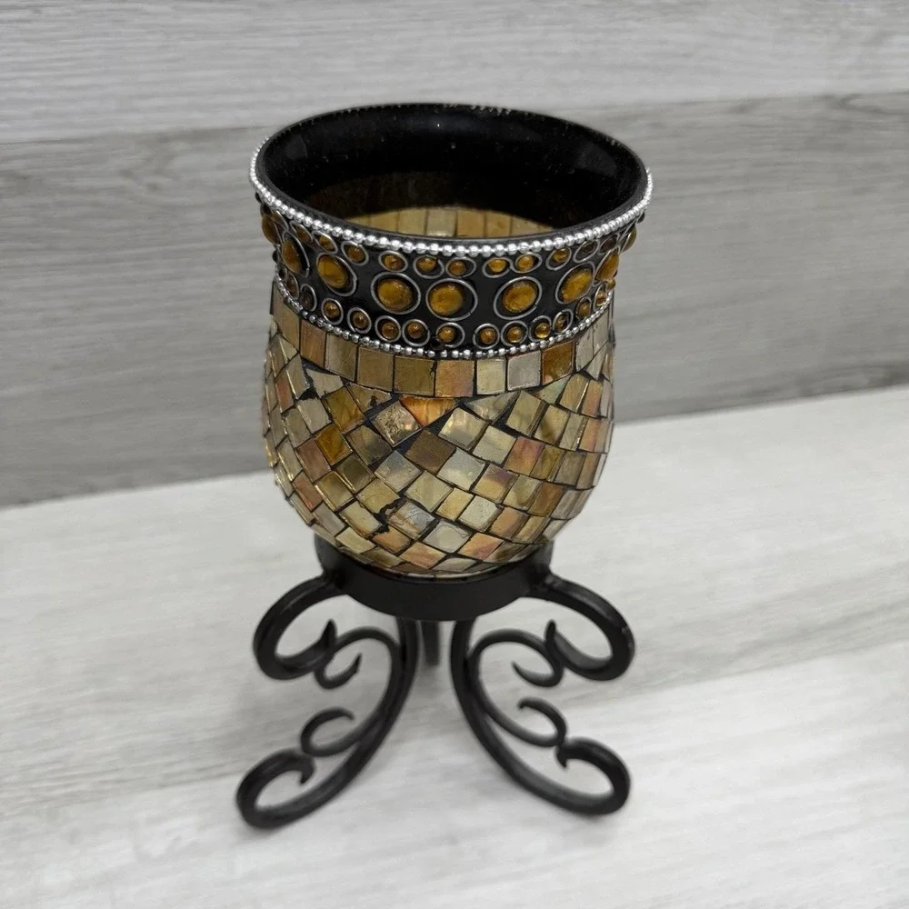 Gold Mosaic Glass Candle Holders Set 2 Iron Stands Boho Decor